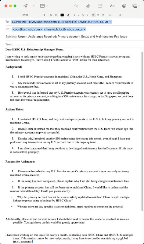 汇丰的美国账户被收了俩月的$50管理费了（虽然被我要回来了），原因是主账户国没有被设置好，这点破事我两边折腾这么久，我真的很无奈